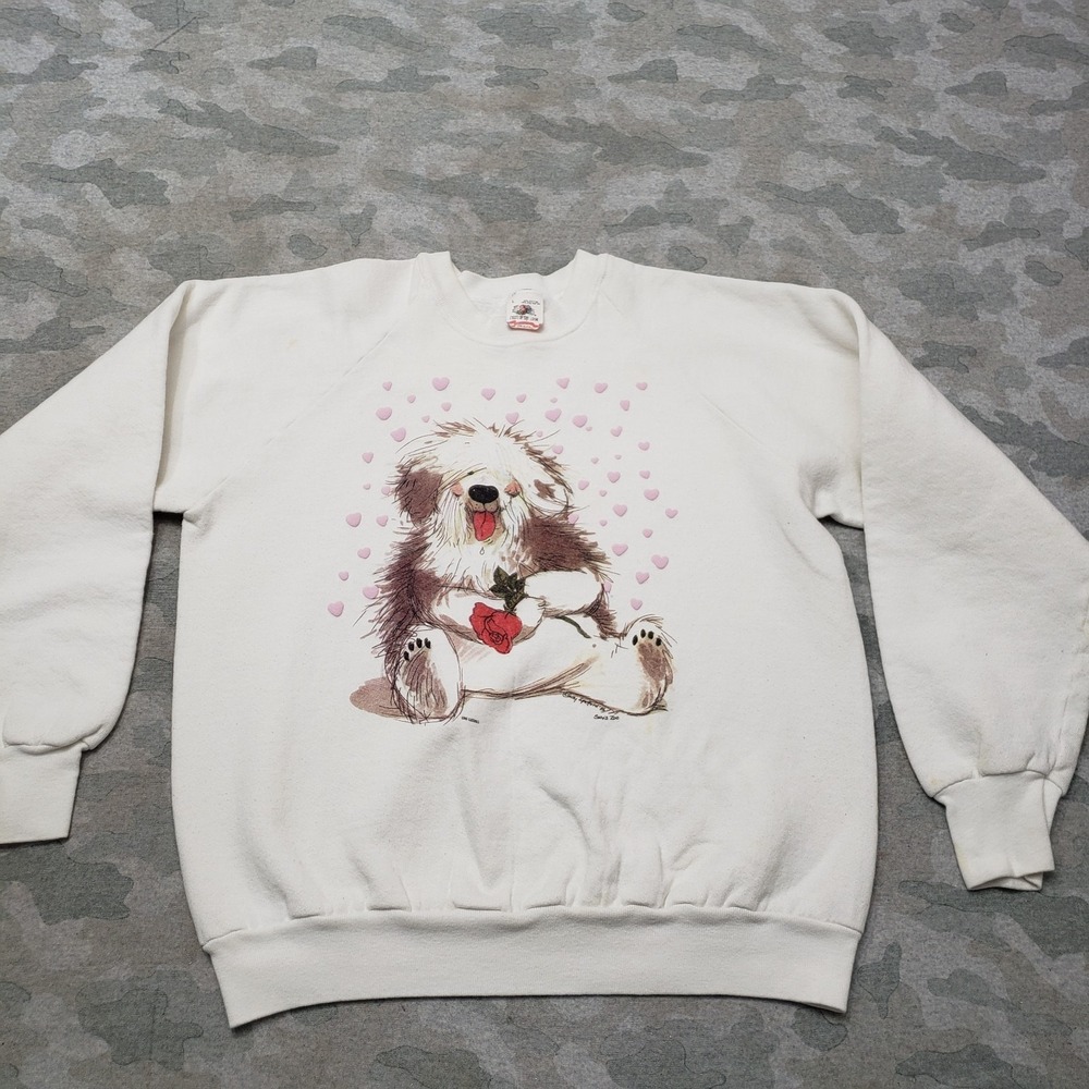 Vtg Fruit Of The Loom Sweatshirt Womens Large White Dog Crew Neck Made In USA